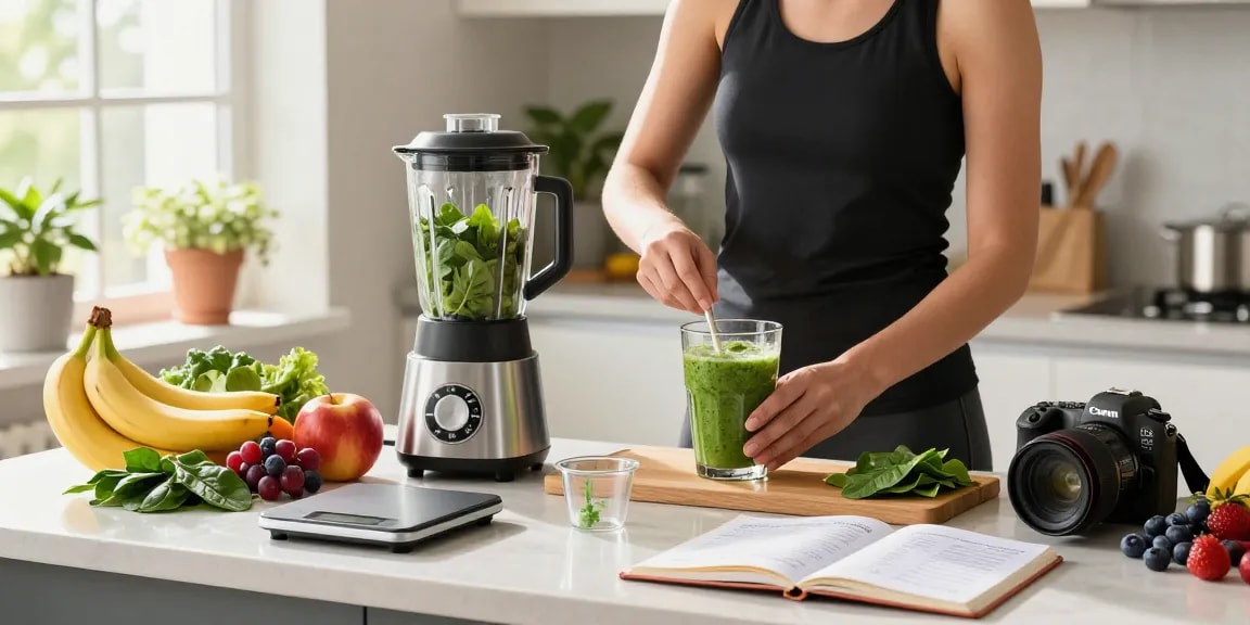 Tracking nutrition with the best calorie tracker in a bright kitchen while preparing a healthy smoothie.
