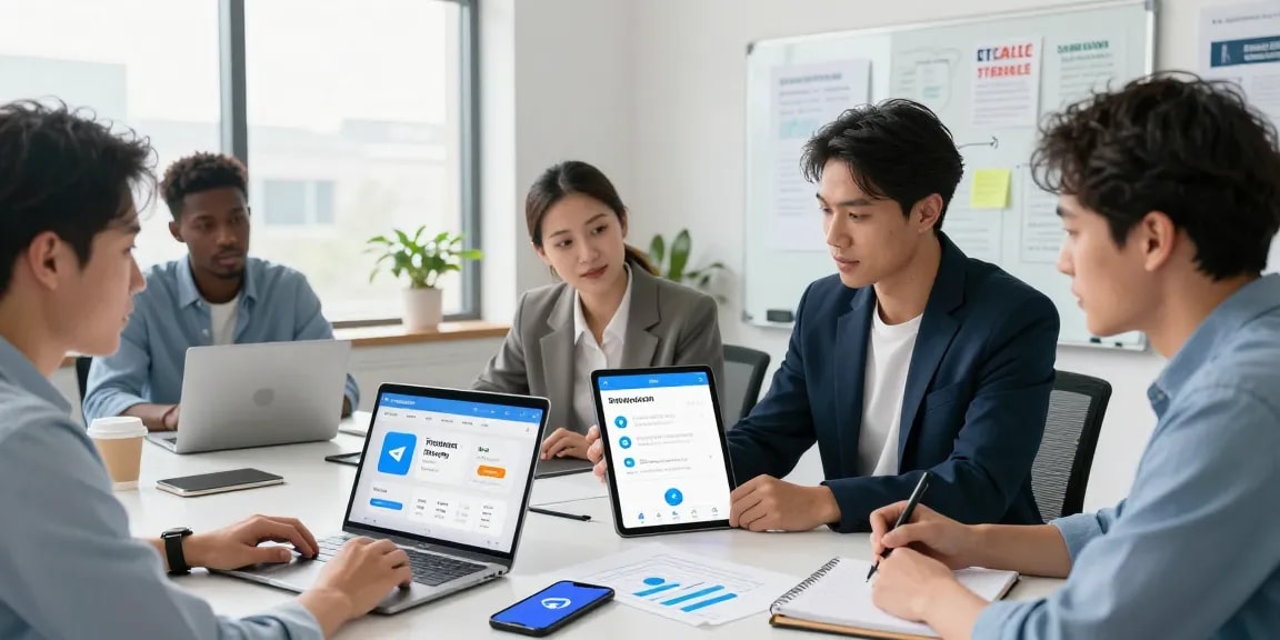 Team collaborating on Telegram中文 settings project in a modern office