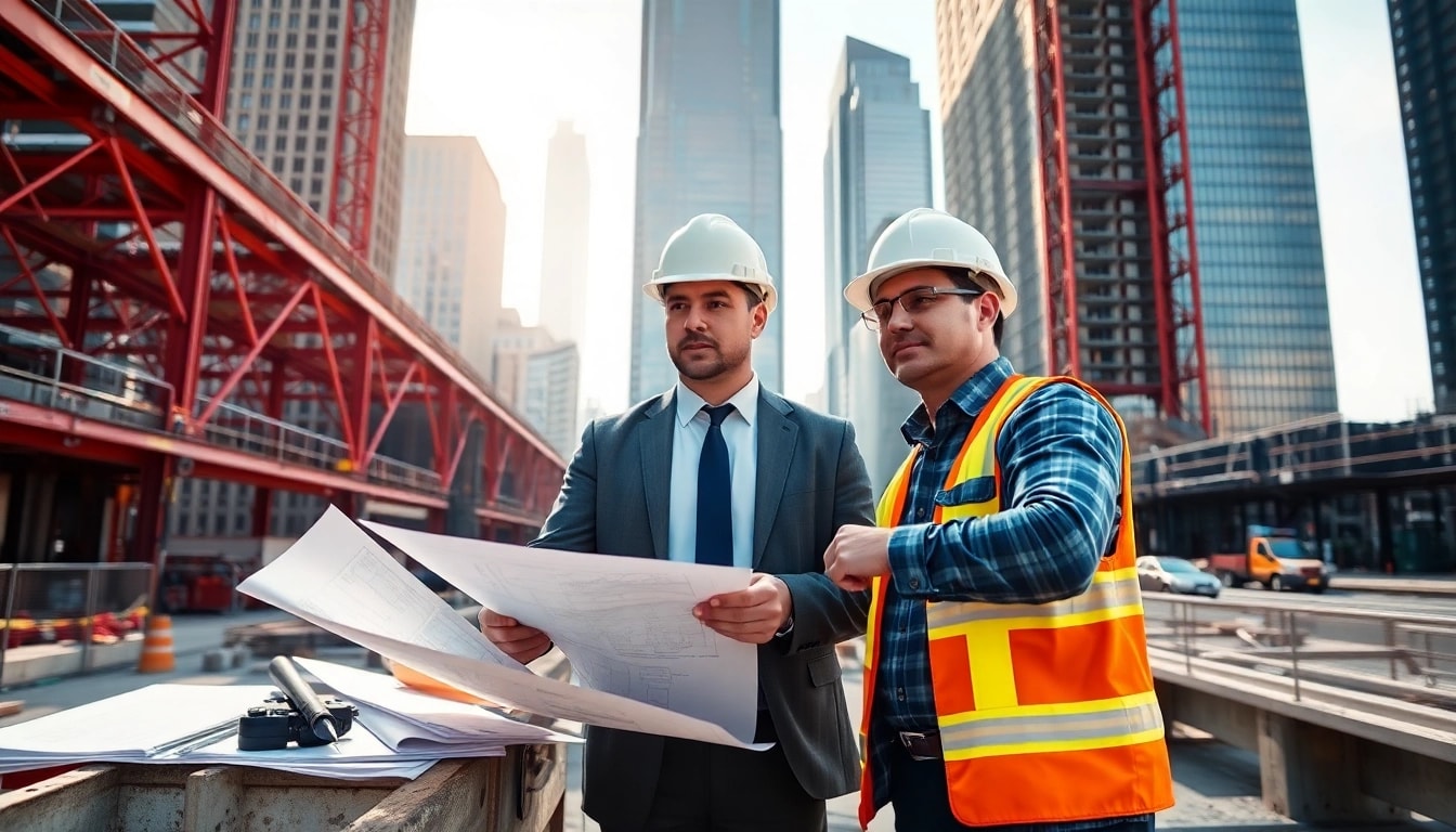 New York Construction Manager overseeing a busy construction site with skyscrapers, showcasing professional teamwork.