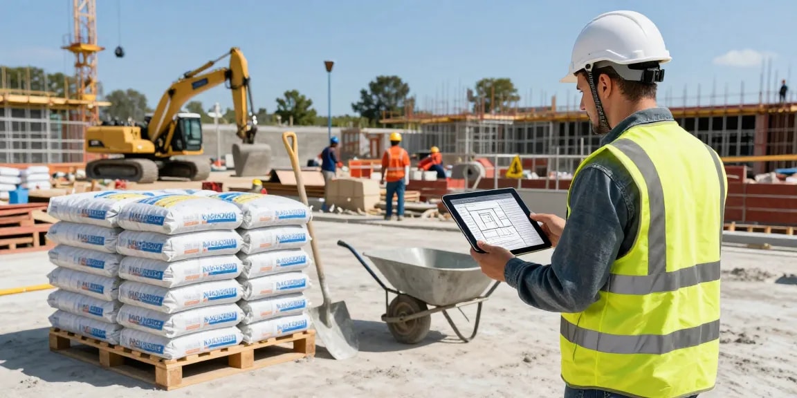 Contractor evaluating NAGA2000 concrete mix at a bustling construction site