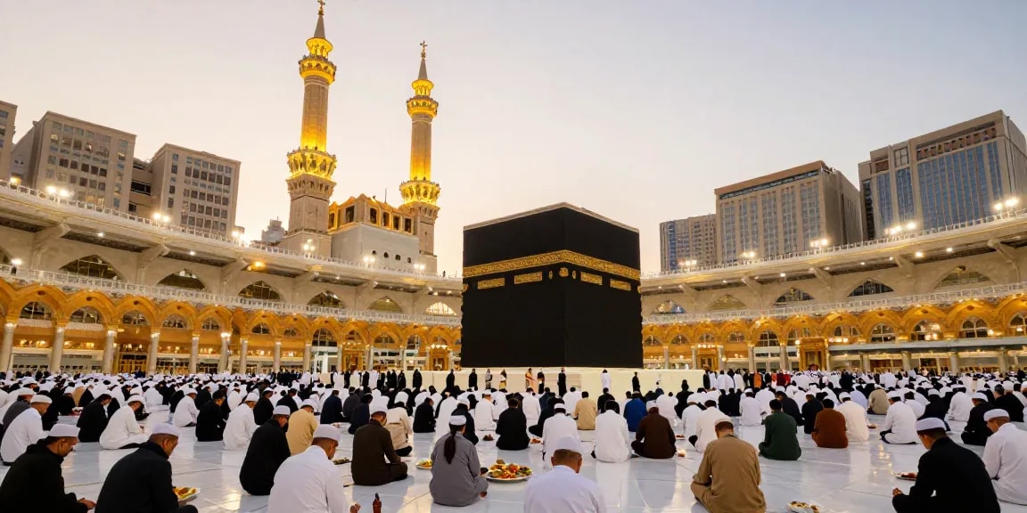 Umroh Itikaf experience—travel guide to Ramadan in Mecca, showcasing vibrant pilgrims, welcoming atmosphere, and stunning cultural adventure.