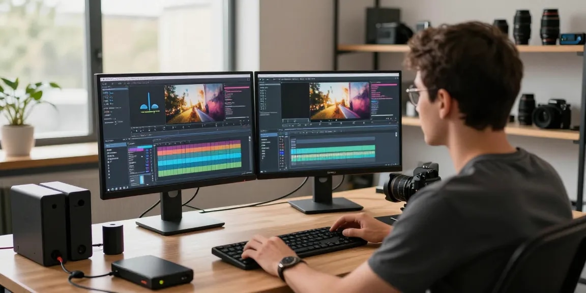 content creator using prompt ai in a modern video editing studio
