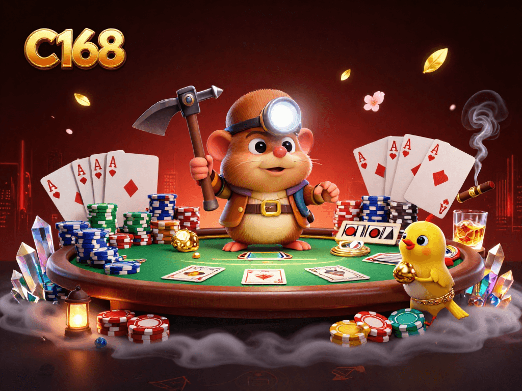 C168 showcases a treasure hunter mole in a vibrant casino scene, exploring golden treasures.