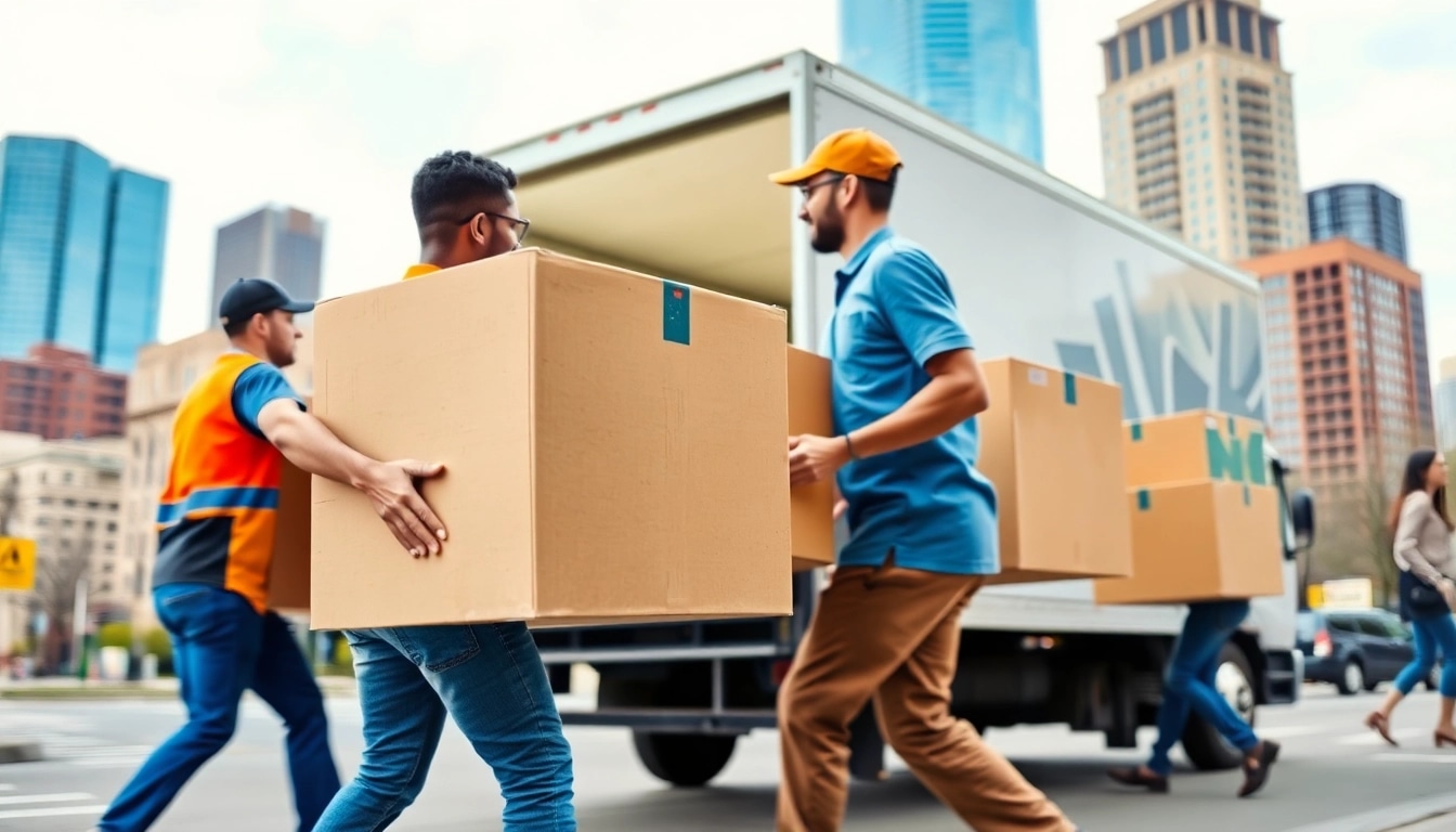 Movers in Detroit efficiently loading a truck against a bustling city skyline.