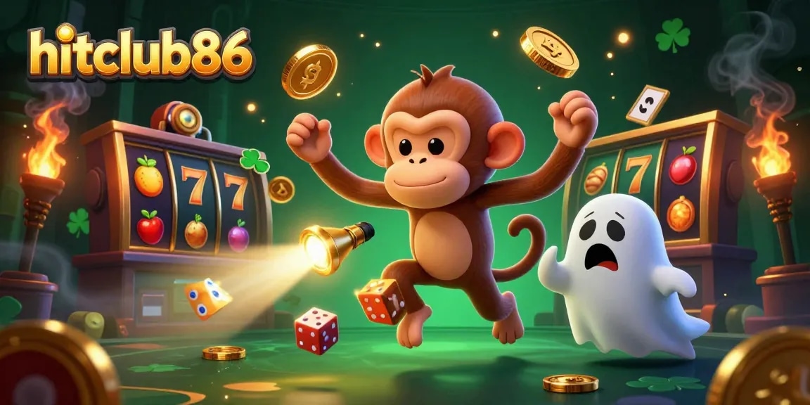 Experience the excitement of hitclub86 with a playful ghost monkey juggling golden casino treasures.