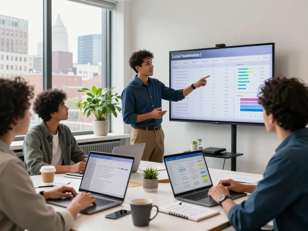 Local SEO NYC collaboration in a modern office setting with a diverse marketing team analyzing strategies for digital visibility.