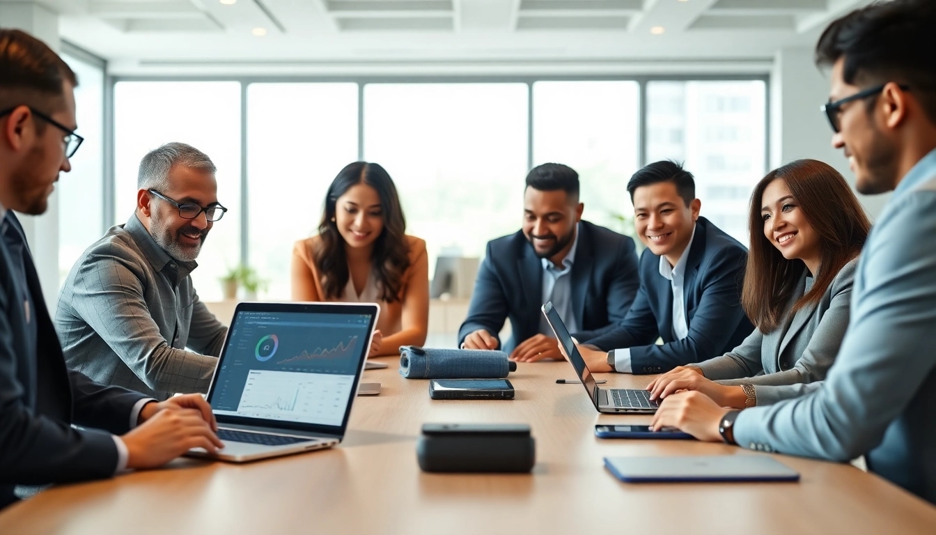 Team collaborating using enterprise assistant software in a modern office setting.