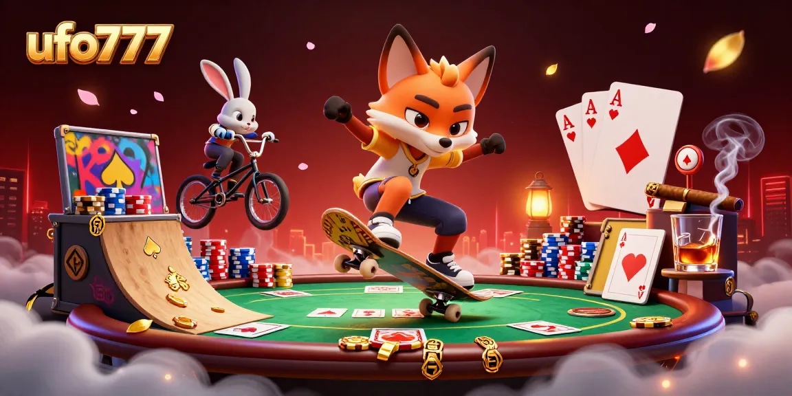 Experience exciting gameplay with ufo777 as the skateboarder fox flips over golden poker chips.