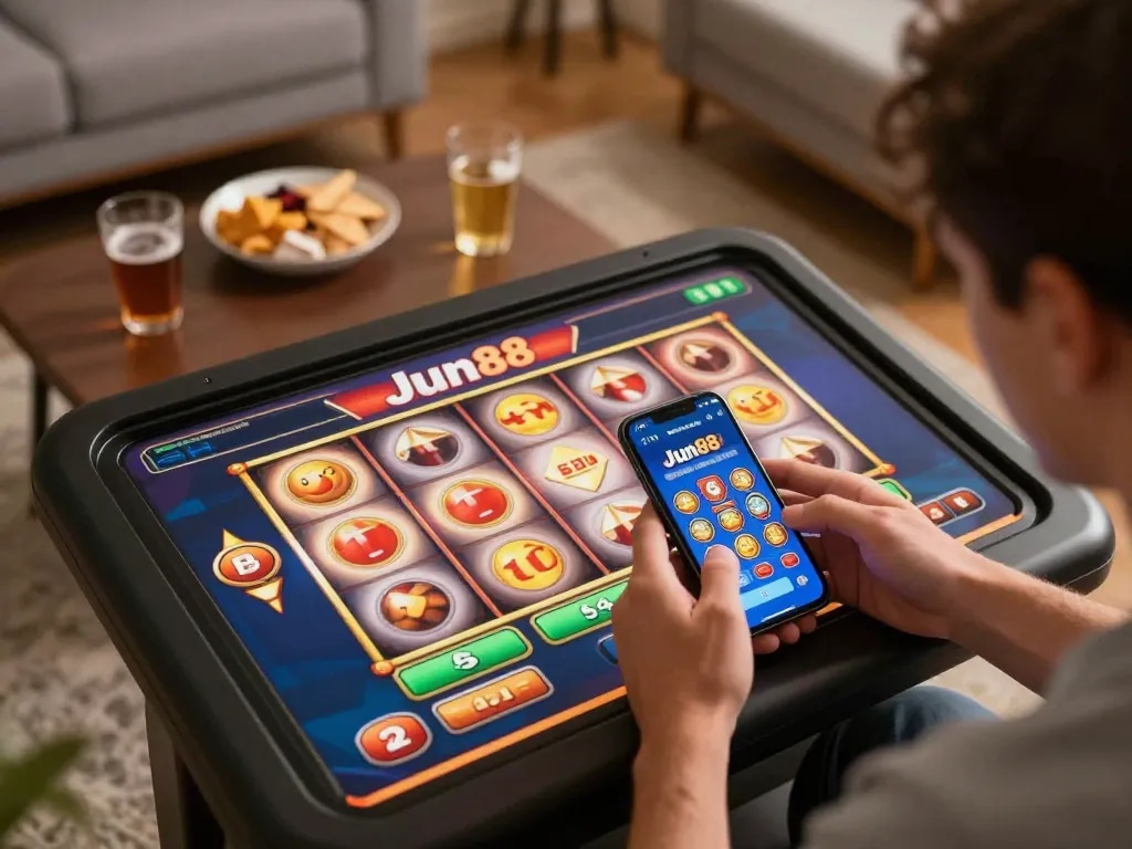 Player enjoying slot games on Jun88 app on smartphone in cozy home environment with snacks