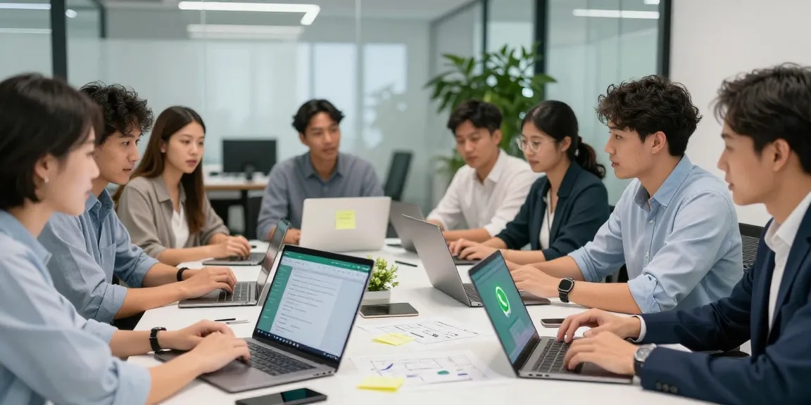 Team discussing WhatsApp網頁版 usage in a modern office setting, showcasing collaborative communication.