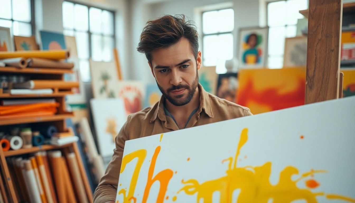 Canvas waarop een kunstenaar kleurrijke abstracte schilderij aanbrengt in een creatieve studio.