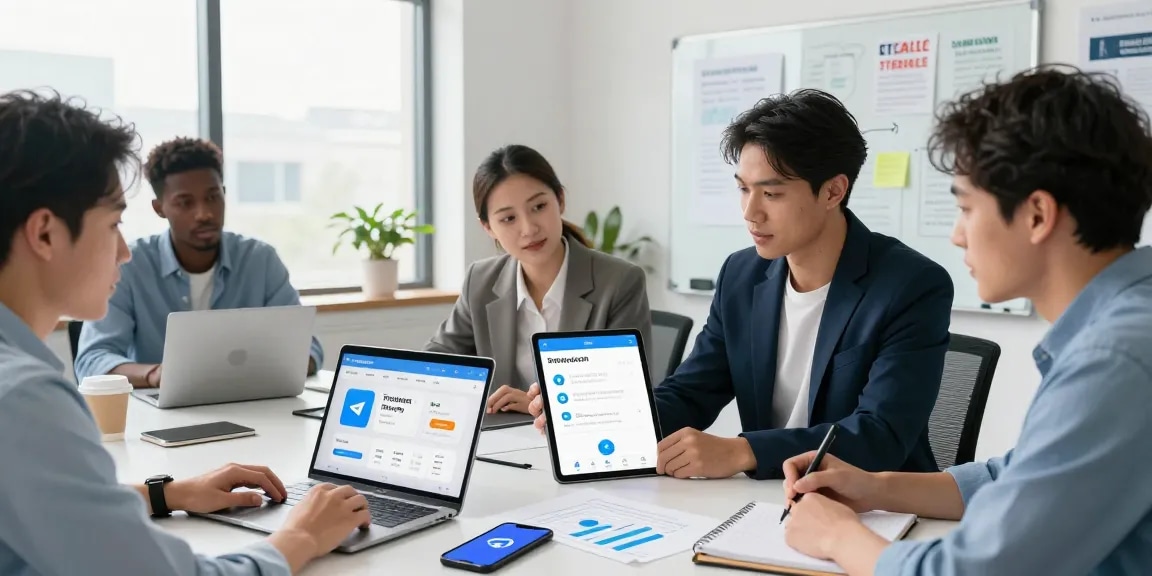 Team collaborating on Telegram中文 settings project in a modern office