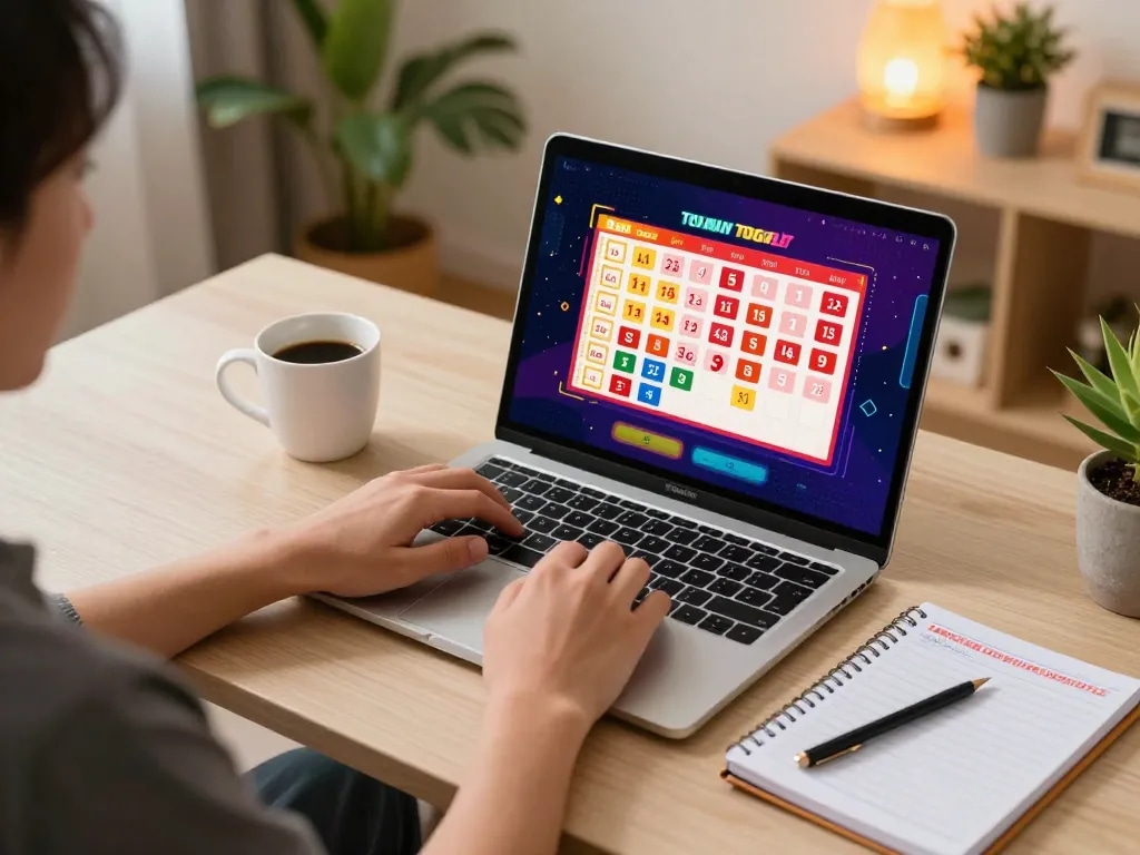 Engaged player using laptop for macan togel online betting with colorful interface visible