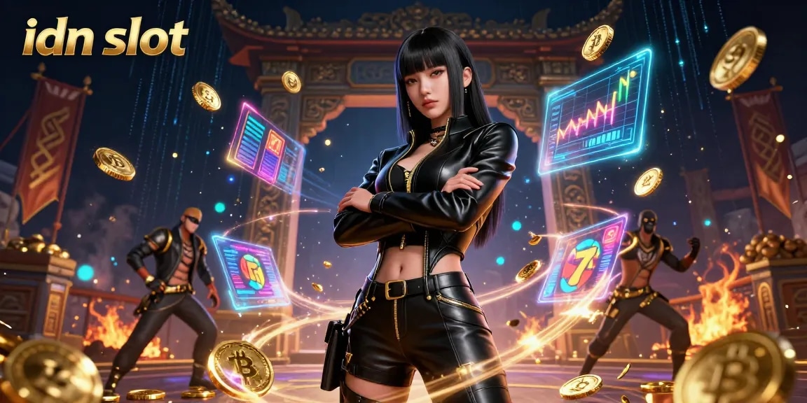 Engage with dynamic idn slot action featuring a powerful Asian woman surrounded by gaming elements and Bitcoin coins.
