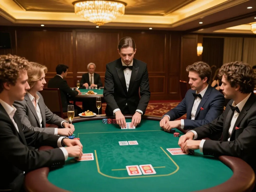 N188 poker players engaged in a high-stakes game at a luxurious casino table