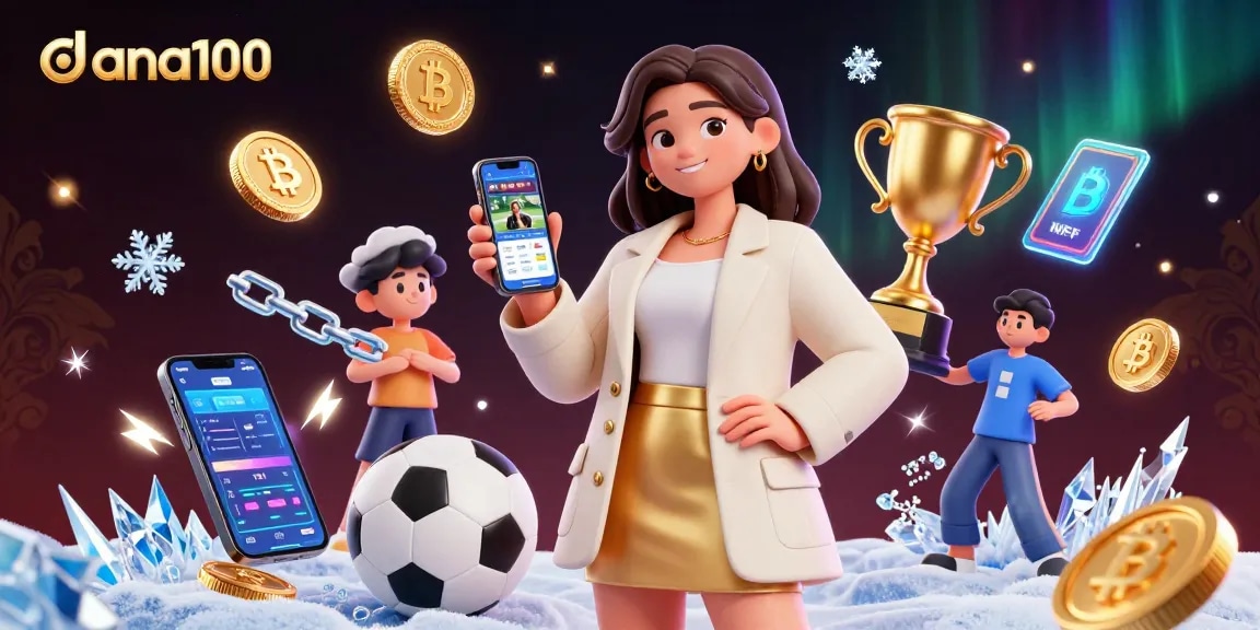 Bet on dana100 with a photorealistic Asian woman holding a smartphone, surrounded by dynamic sports and crypto elements.