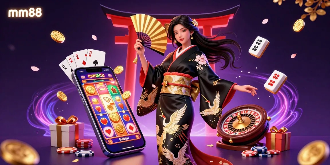 Experience mm88 with an elegant Asian woman at a vibrant casino scene featuring dynamic slot games and a rich atmosphere.