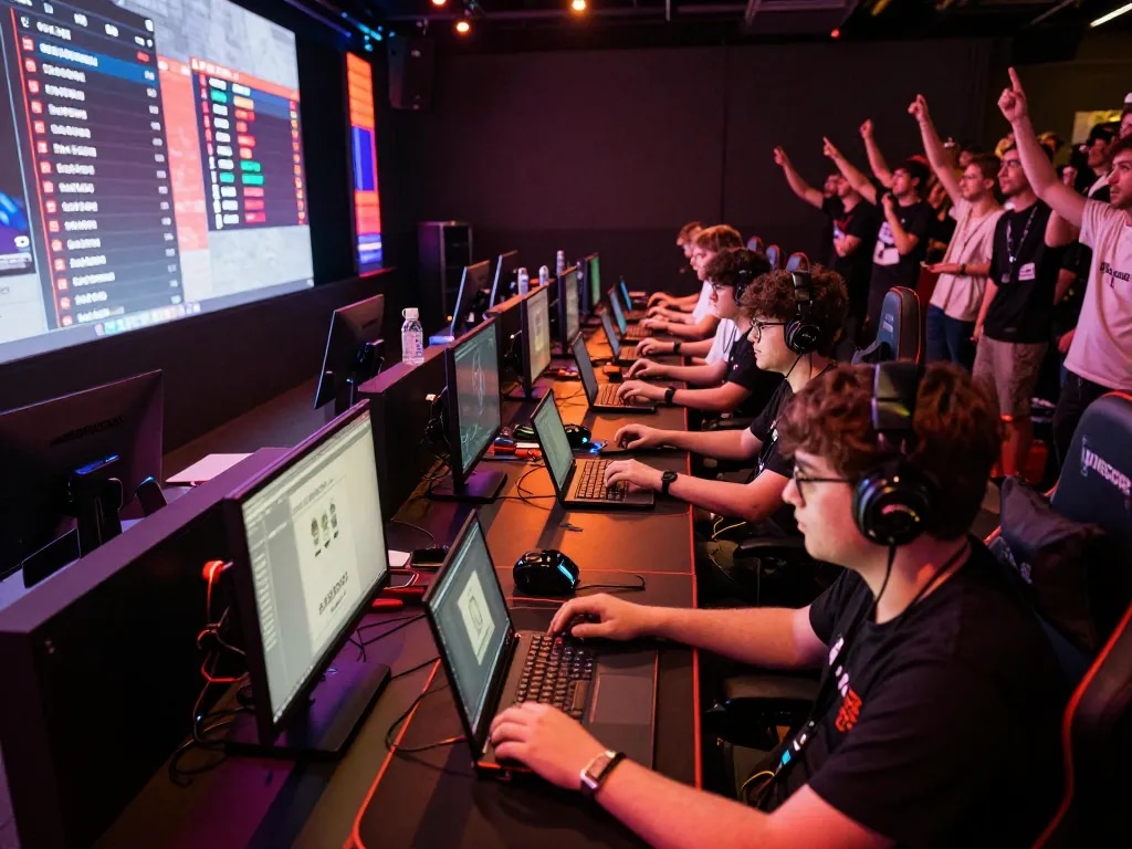 IDNSCORE players engaged in a competitive online gaming tournament with vibrant atmosphere and leaderboard displays.