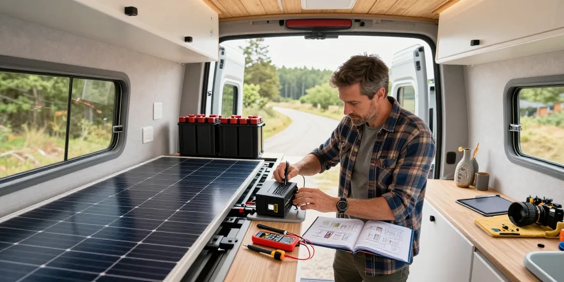 rokok88 super van conversion showcasing a builder upgrading electrical systems in a modern camper van with solar panels and batteries
