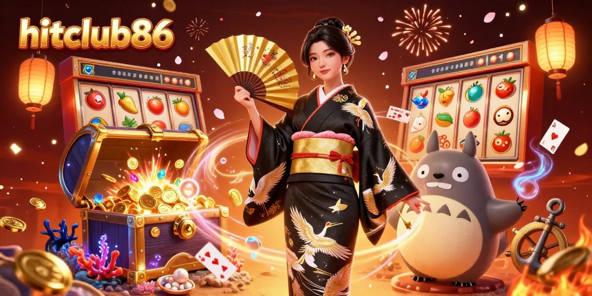 Engage in thrilling gaming action at hitclub86 with vibrant 3D illustration featuring a skilled Asian woman and wise tanuki in a casino atmosphere.