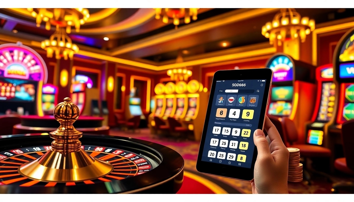 Exciting gambling action featuring SODO66 with roulette, poker chips, and vibrant slot machines.