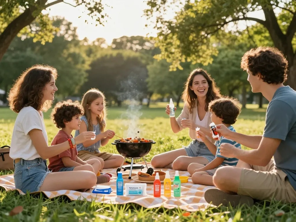 A family enjoying a picnic while using mosquito repellent to stay comfortable outdoors.