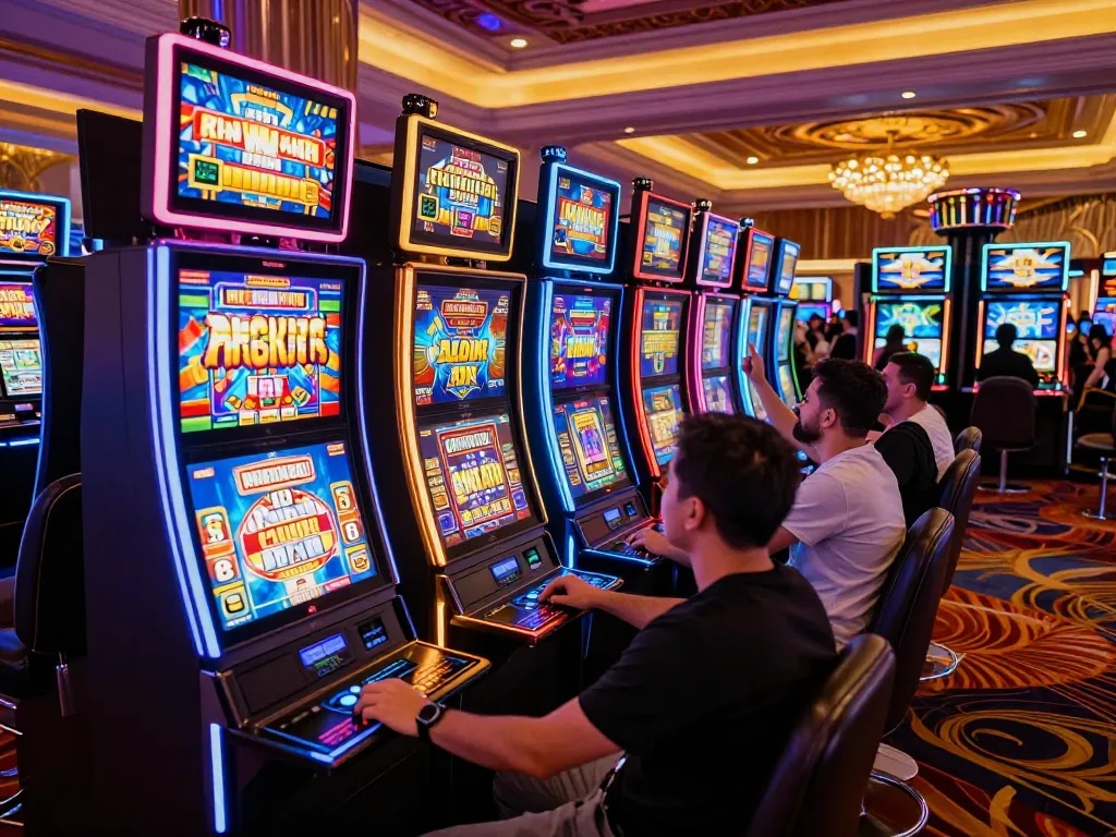 Situs slot players enjoying vibrant casino atmosphere with colorful machines spinning.