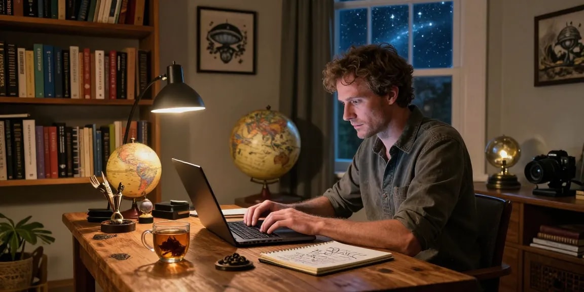 T Allen Greenfield writing at his desk showcasing UFO themes and spiritual insights on https://tallengreenfield.com.
