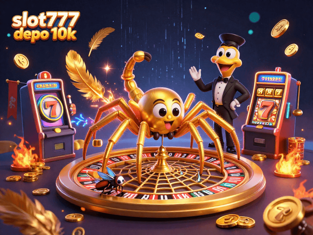 Engage with the exciting slot777 depo 10k scene featuring a vibrant spider and centipede in a rich casino environment.