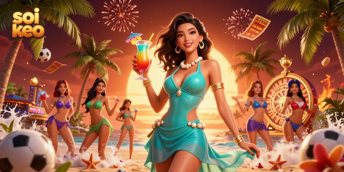 Soi keo sports betting scene with glamorous Asian woman enjoying a tropical cocktail in a vibrant casino setting.