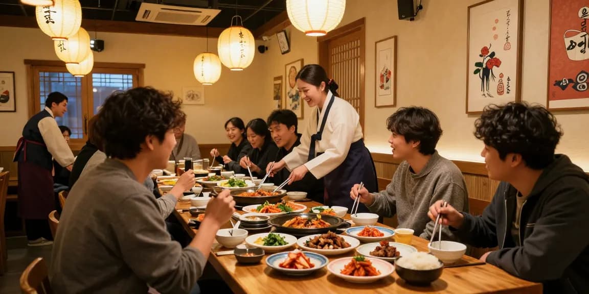 Diverse friends enjoying a vibrant Korean meal at 상봉동 한국관나이트 in a warmly lit restaurant.