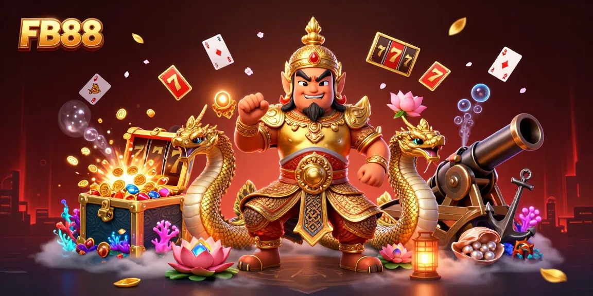 Win big with FB88’s dynamic slots as guardians protect treasures in an elaborate casino scene.