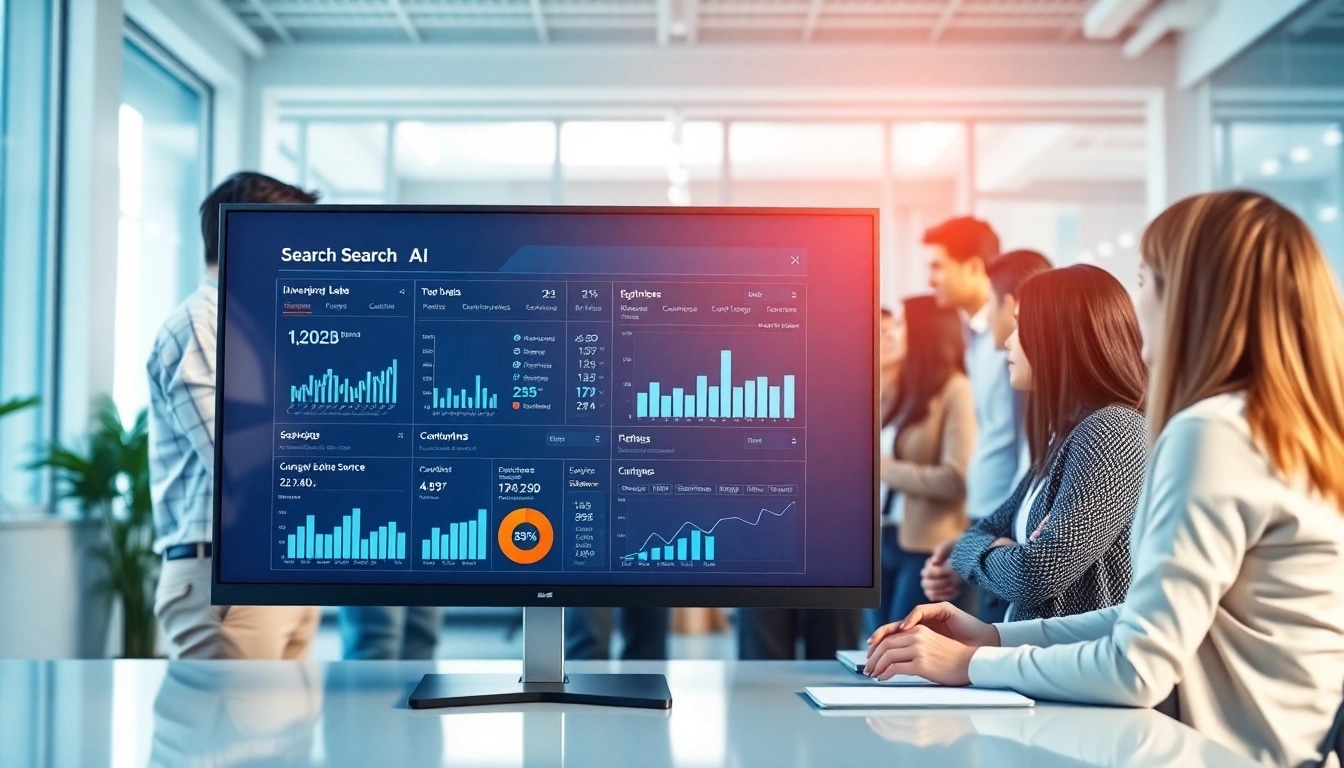 Team analyzing enterprise search ai metrics with advanced data visualization tools in a bright office.