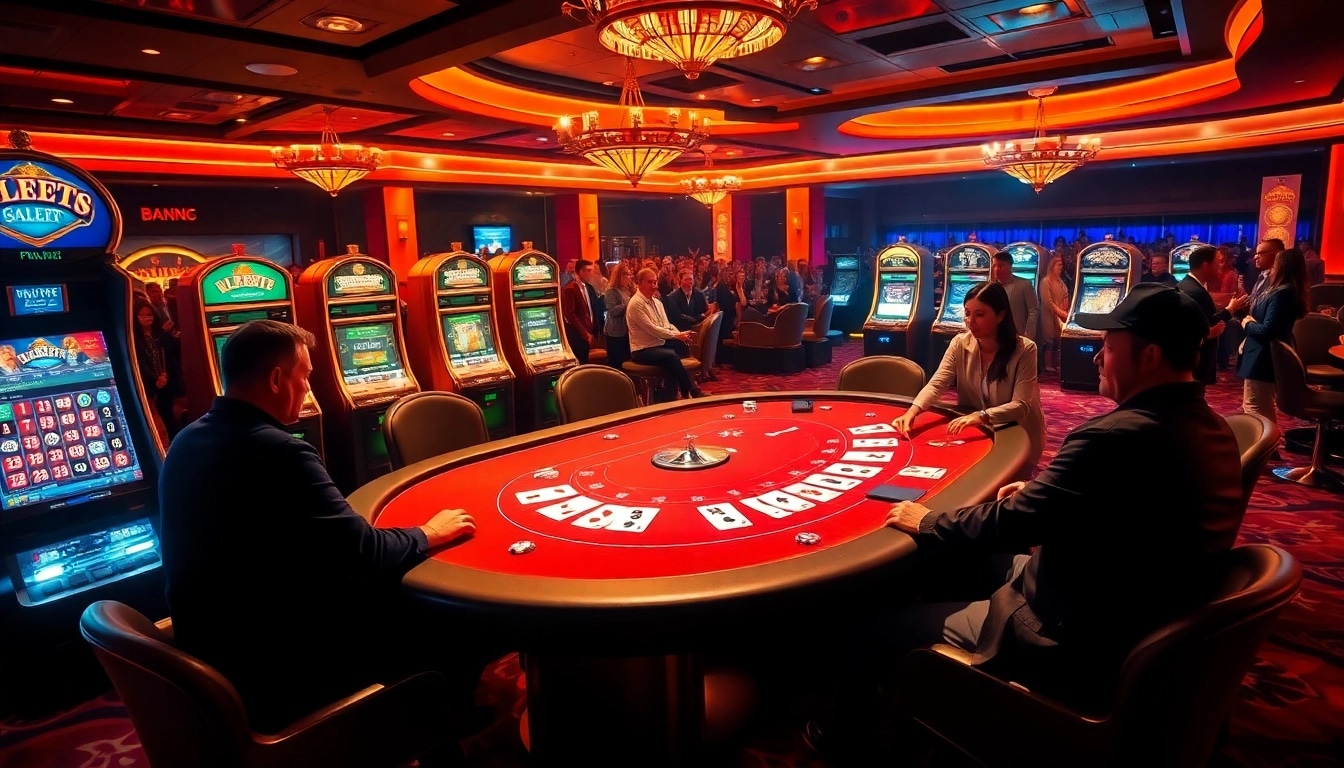 Players celebrating victory at a poker table on mk8th.net, surrounded by vibrant casino elements.