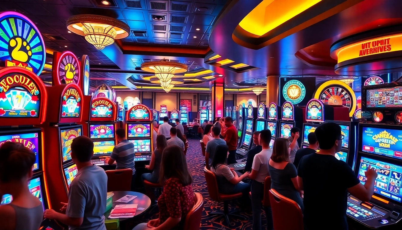 Mainkan slot dengan deposit 1K di kasino yang ramai dengan mesin slot yang menarik dan pemain yang antusias.