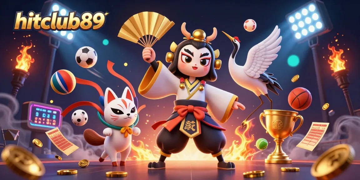 Hitclub89 showcases dynamic gambling with a 3D kabuki warrior and gold elements in action
