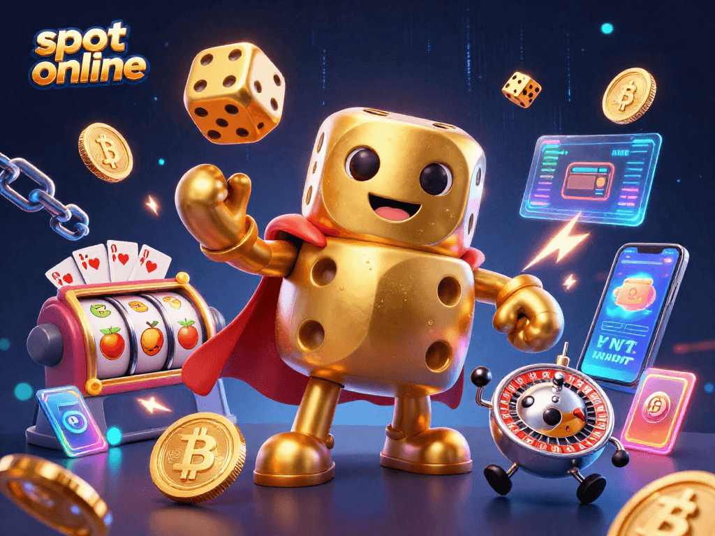 Experience thrilling slot online action with a lively 3D golden dice golem juggling coins and symbols.