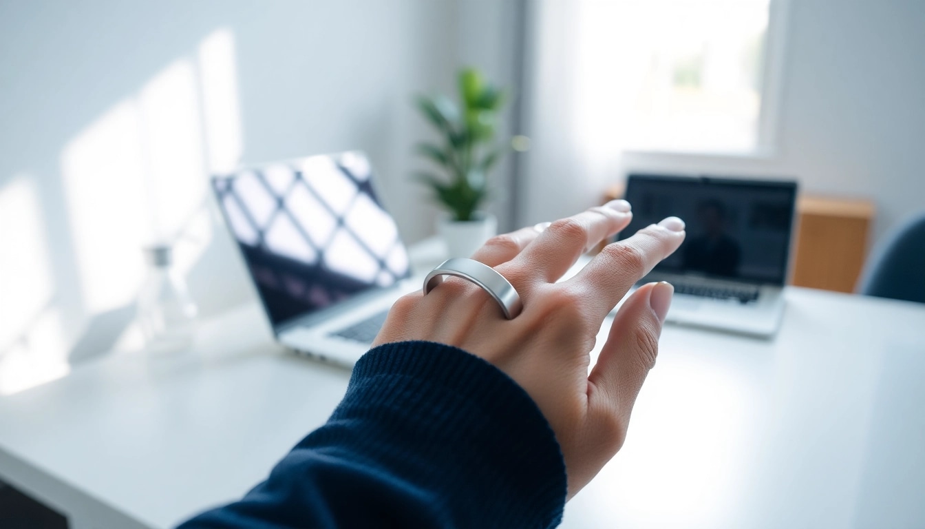 Showcasing a Smart Health Ring on wrist in a modern home office setting, highlighting its design and features.