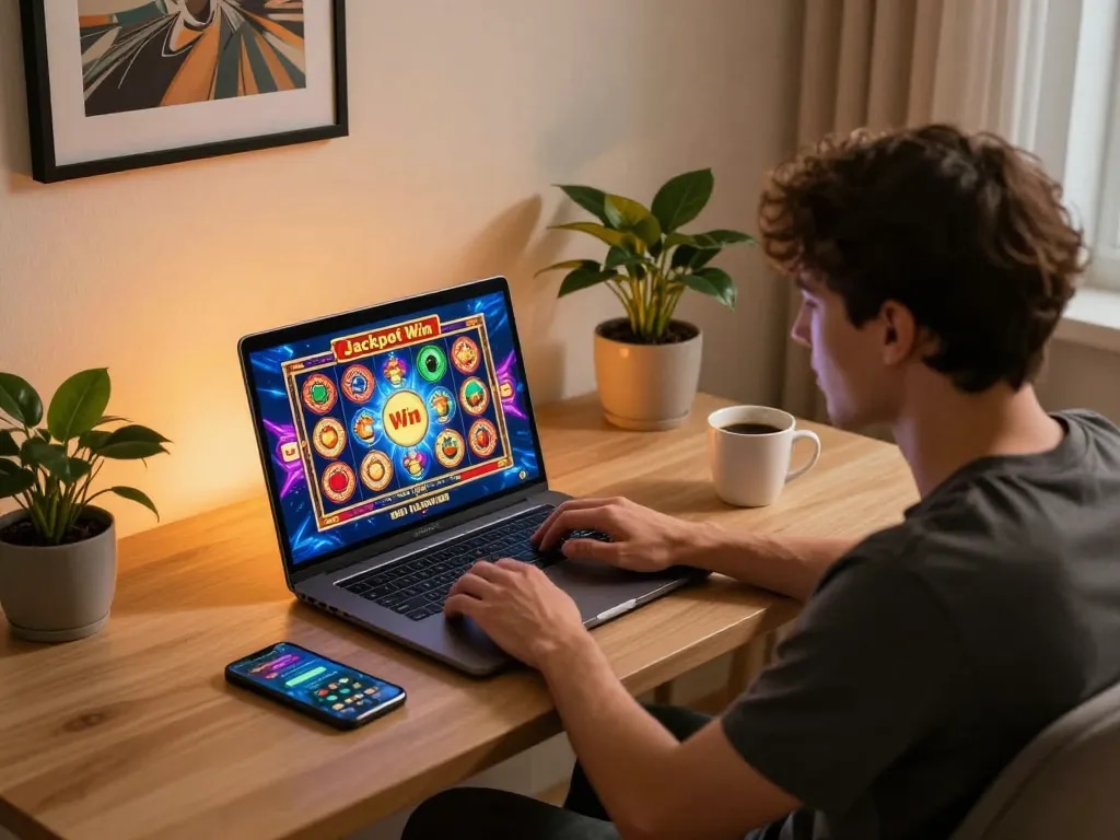 Engaging online gaming scene of dn88 player using laptop to enjoy slot games at home.