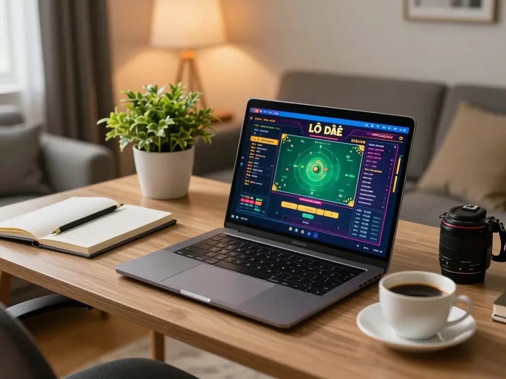 Lô đề online gameplay on a laptop in a cozy home office, showcasing gambling strategy.