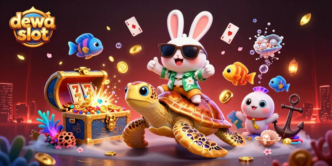Gambarlah dewa slot dengan kelinci beruntung dan kura-kura emas yang memancarkan keberuntungan di lautan