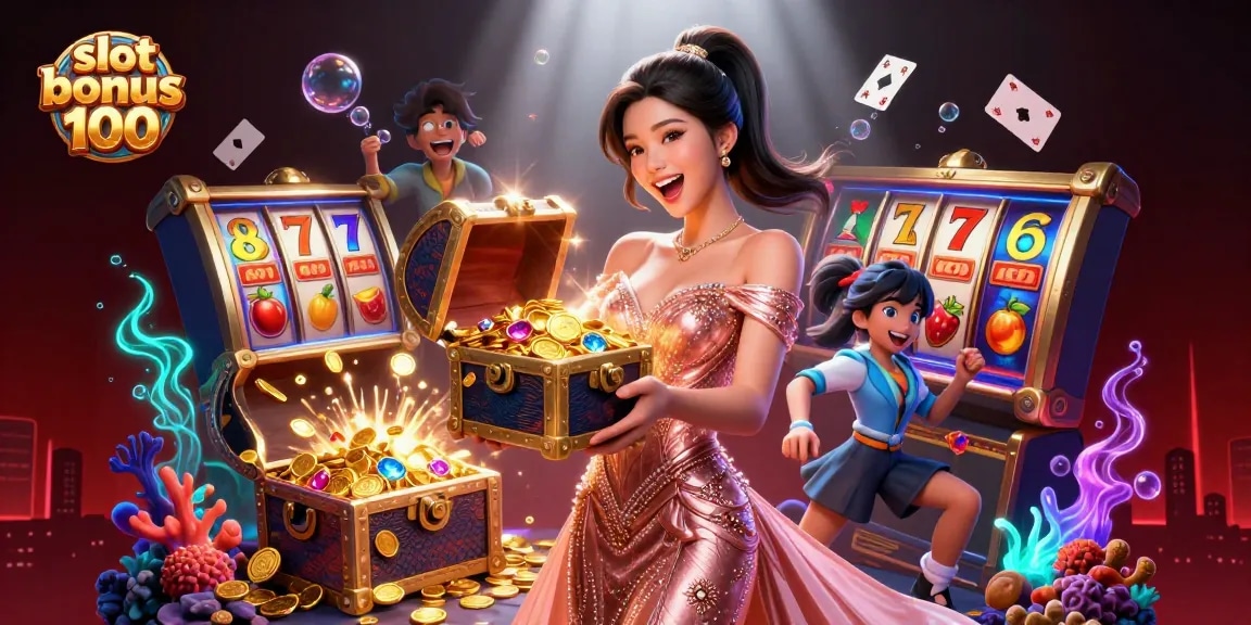 Experience the excitement of slot bonus 100 with a treasure chest overflowing with riches in an immersive casino illustration.