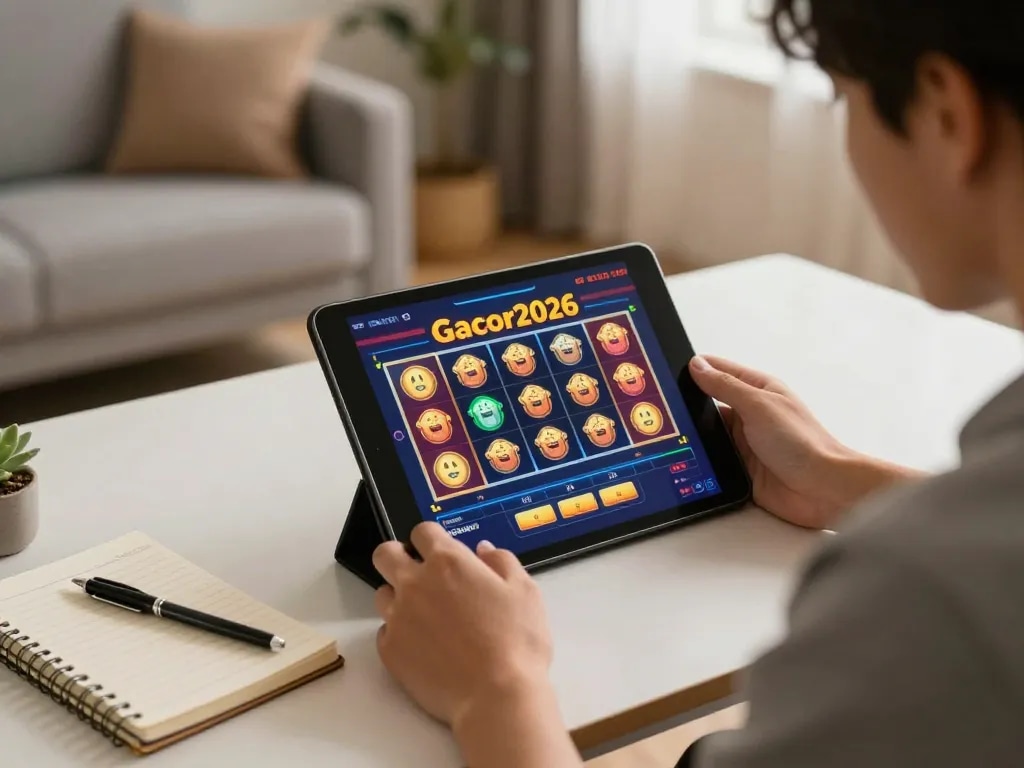 Engaging player enjoying slot-gacor2026 online gaming on a tablet, showcasing excitement and strategy.