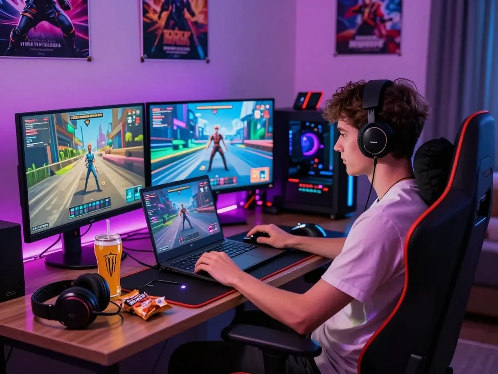 Engaging scene of a gamer playing AI porn games in a vibrant gaming setup with colorful LED lights and immersive graphics.