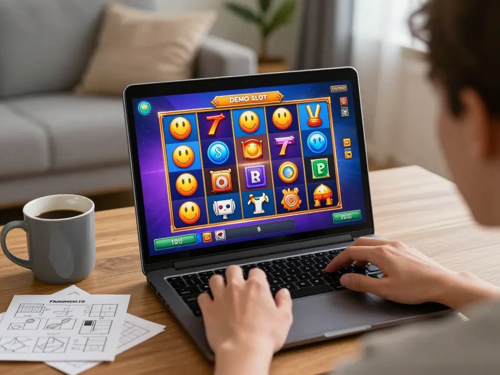 Enjoying Demo Slot Pragmatic gameplay on a laptop at home with cozy atmosphere and strategic notes.