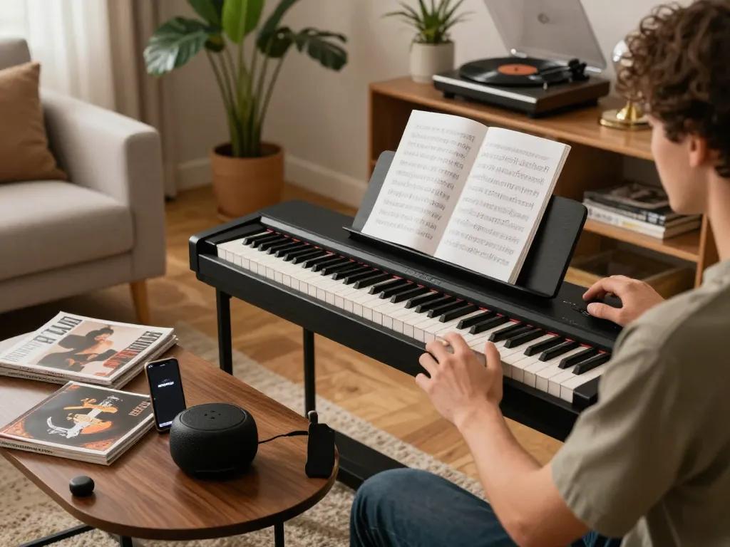 Enjoying the GO 88 digital piano in a cozy living room filled with music.
