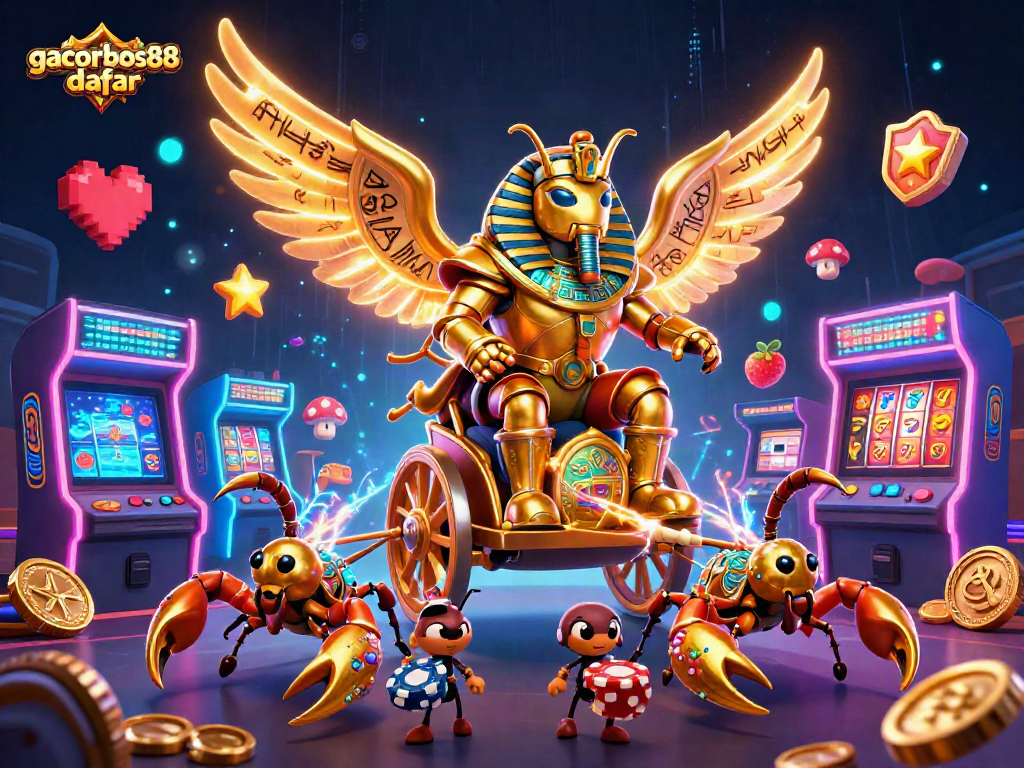 Engage with gacorbos88 daftar through an immersive casino experience featuring a giant scarab beetle and gaming elements.