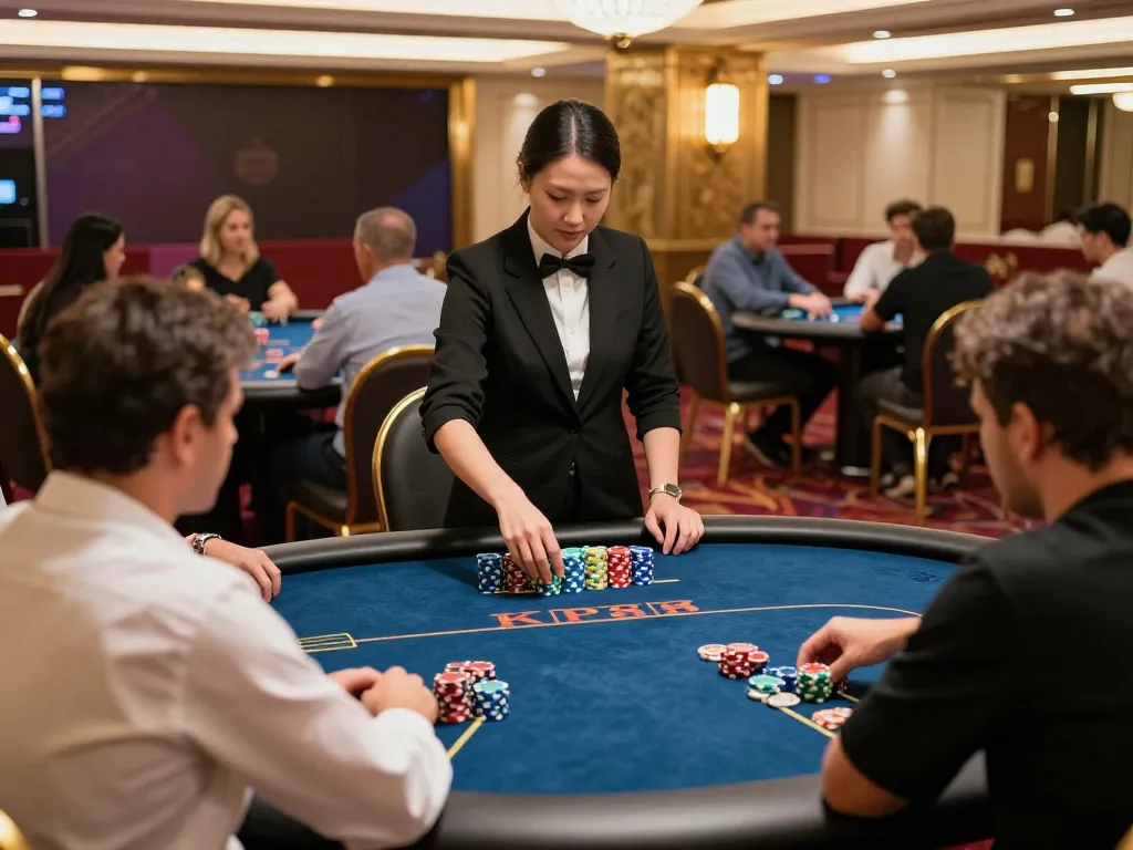 Players engaging in strategic gameplay at KP88 casino, vibrant atmosphere with colorful chips and dealer.