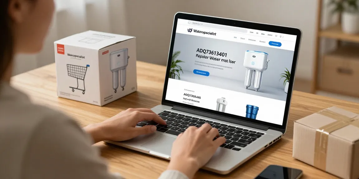 Waterspecialist ADQ73613401 Refrigerator Water Filter in an online shopping scenario, showcasing best deals and product reviews for e-commerce.