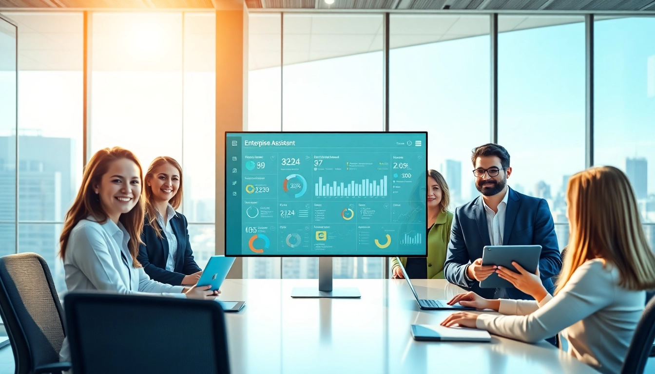Engaging office scene with diverse professionals utilizing enterprise assistant software for collaborative tasks.